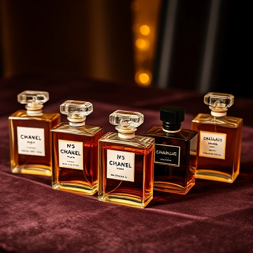A luxurious display of iconic perfume bottles from different eras, arranged elegantly on a velvet surface with soft golden lighting, featuring classic designs like Chanel No. 5, Shalimar, and Joy, with subtle reflections and a timeless, sophisticated atmosphere