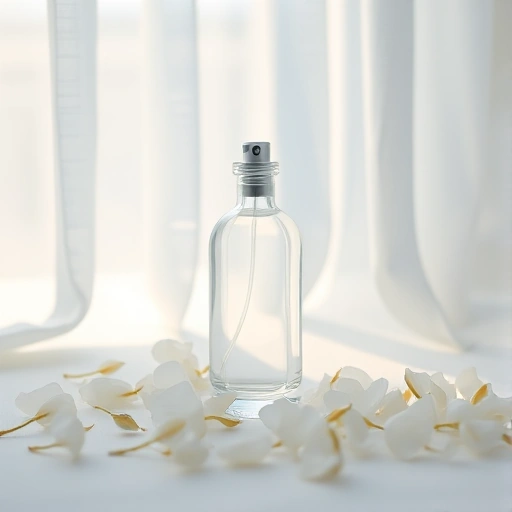 A delicate glass perfume bottle with a light, airy design, surrounded by floating translucent petals of white jasmine and citrus blossoms, soft morning light filtering through a sheer linen curtain, minimalist composition, pastel tones of sky blue and ivory, evoking lightness and freshness, no text, no labels, no logos