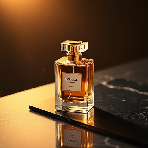 A luxurious perfume bottle made of clear crystal with a golden cap, placed on a sleek black marble surface, surrounded by soft golden light and faint floating particles of fragrance, evoking elegance and perfection, minimalist high-end aesthetic