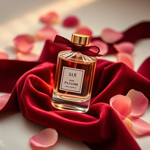 A beautifully wrapped perfume bottle as a gift, placed on an elegant velvet ribbon with soft golden lighting, surrounded by delicate rose petals and a subtle hint of luxury, no text or labels visible, minimalist and refined composition