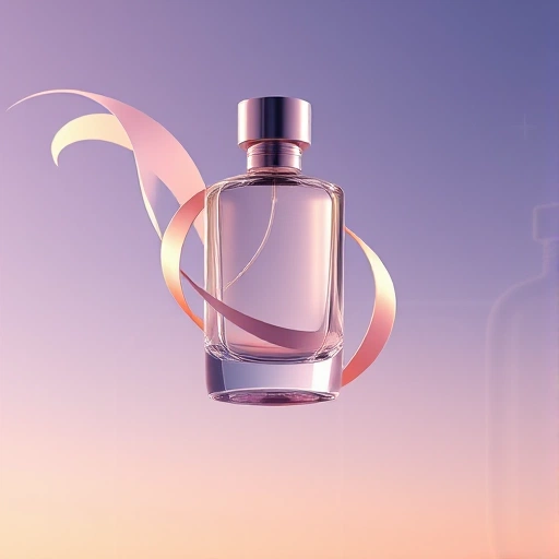 A modern, elegant perfume bottle made of clear glass with a sleek metallic cap, floating softly in mid-air surrounded by swirling abstract ribbons of light in soft gold and lavender hues, symbolizing transformation and change. The background is a subtle gradient of dawn sky transitioning from deep indigo to pale peach, with faint geometric patterns suggesting growth and renewal. No text, no logos, no people, no animals, no bottles with labels or branding.