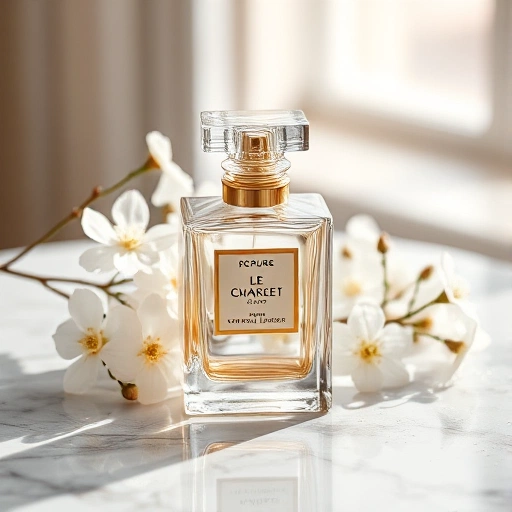 A luxurious perfume bottle made of clear glass with golden accents, placed on a marble surface with soft natural light, surrounded by delicate white flowers and subtle sparkles, evoking elegance and perfection