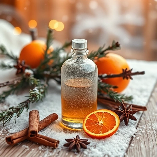 A cozy winter scene featuring a glass perfume bottle with frosted glass texture, surrounded by pine branches, cinnamon sticks, orange slices, and vanilla pods on a snowy wooden surface, soft golden hour lighting, subtle snowflakes falling in the background, warm amber and deep burgundy color palette, no text, no labels, no logos, no people