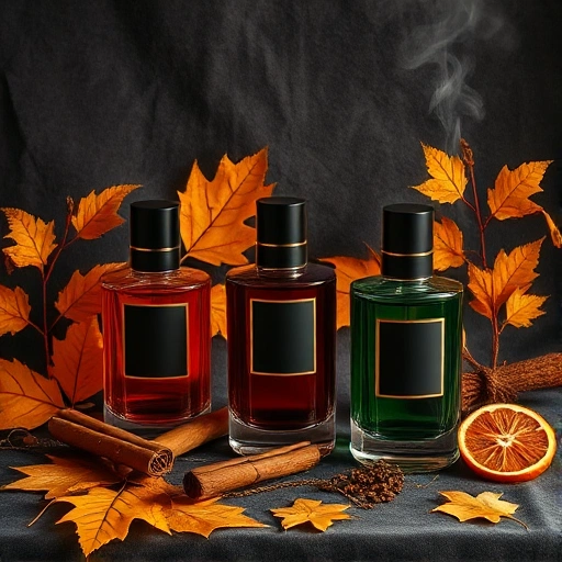 A sophisticated autumn perfume collection display featuring elegant glass bottles with warm amber, deep burgundy, and forest green liquids, surrounded by fallen golden leaves, cinnamon sticks, dried orange slices, and subtle wisps of smoky incense, soft diffused lighting, luxurious velvet backdrop in charcoal gray, high detail, photorealistic, no text or labels