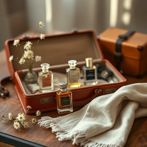 A compact, elegant travel perfume set with miniature glass bottles in soft pastel colors, arranged on a vintage leather suitcase open on a wooden table, surrounded by delicate wildflowers and a single folded linen scarf, soft natural morning light, shallow depth of field, serene and luxurious atmosphere