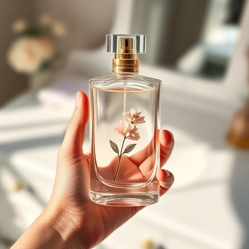 A close-up of a person's hand holding an elegant glass perfume bottle with a delicate floral design, soft natural light highlighting the liquid inside, subtle sparkles around the bottle, blurred background of a minimalist vanity with pastel tones, evoking sophistication and serenity
