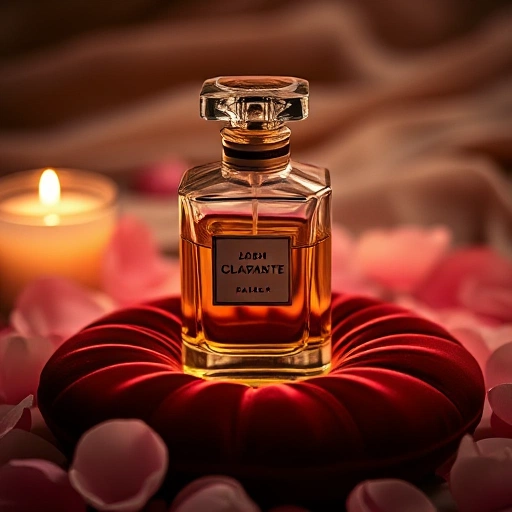 An elegant perfume bottle with golden liquid inside, placed on a velvet cushion, surrounded by delicate rose petals and soft candlelight, evoking luxury and special occasions