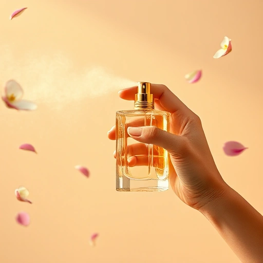 A close-up of a person's wrist spraying perfume from an elegant glass bottle, with soft golden light highlighting the mist, surrounded by delicate flowers like jasmine and rose petals floating in the air, on a neutral beige background, evoking sophistication and scent