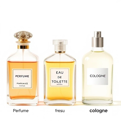 A clear, educational illustration showing three distinct perfume bottles side by side: one labeled 'Perfume' with a rich, deep color and ornate cap, one labeled 'Eau de Toilette' with a lighter hue and simpler design, and one labeled 'Cologne' with a fresh, citrus-toned appearance and minimalist bottle. Each bottle is accompanied by a subtle visual indicator of fragrance concentration — such as droplet size or intensity waves — to imply longevity and strength. Soft natural lighting, clean white