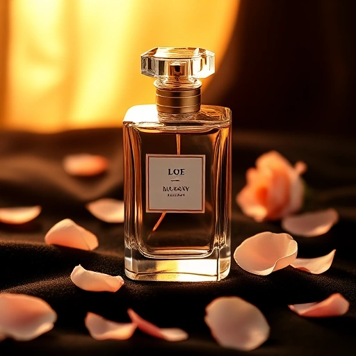 A luxurious perfume bottle made of clear glass with a golden cap, placed on a velvet black surface, surrounded by delicate rose petals and soft golden light, elegant and sophisticated composition, high detail, smallHQ style