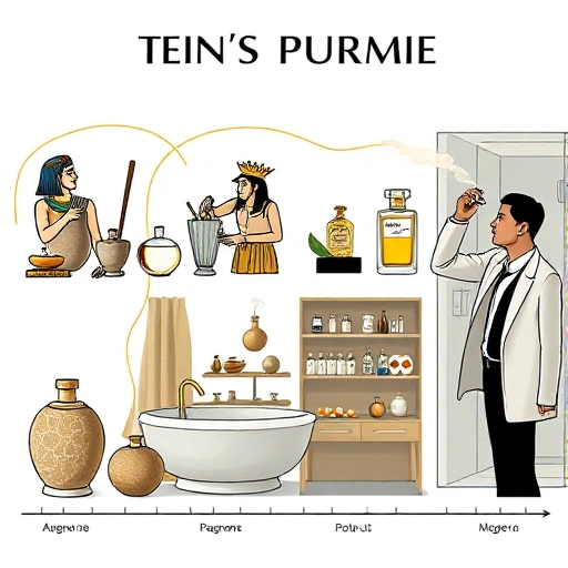A historical timeline of men's perfume: ancient Egyptian alchemists distilling fragrances in stone vessels, Roman nobles applying scented oils in baths, 18th-century French perfumers crafting eau de cologne in apothecary labs, and a modern man spraying designer cologne in a sleek urban bathroom — all connected by a subtle golden thread of scent vapor weaving through the eras, soft lighting, detailed textures, no text or labels