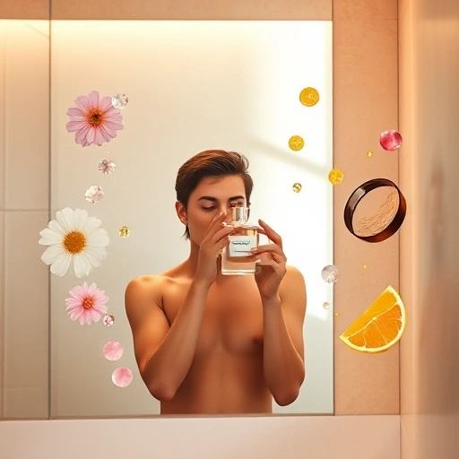 A person standing in front of a mirror, gently sniffing a perfume bottle, surrounded by floating translucent scent notes like flowers, citrus, and woods in soft pastel colors, warm natural lighting, minimalist modern bathroom setting, focus on sensory experience and personal connection to fragrance
