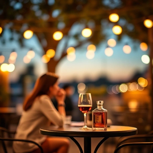 A romantic evening scene with two people sitting at a small outdoor table under string lights, sharing a quiet moment, soft focus on a bottle of perfume and two glasses of wine on the table, blurred background of a cozy café terrace at dusk, warm golden lighting, intimate and tender atmosphere