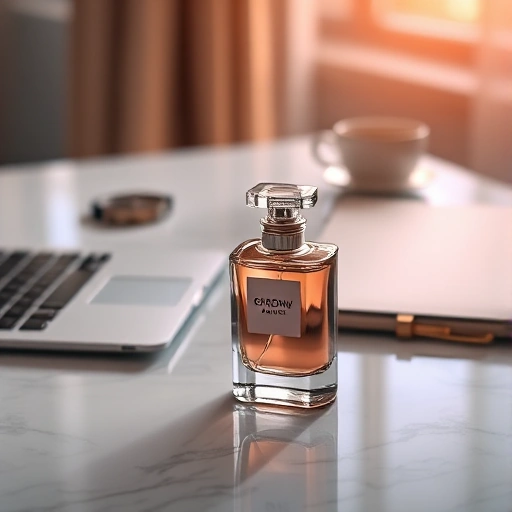 A modern, elegant perfume bottle on a sleek marble surface, surrounded by subtle hints of a busy woman's lifestyle: a slim laptop, a minimalist watch, and a single coffee cup, all softly blurred in the background. Warm natural light from a nearby window casts gentle highlights. The atmosphere is calm, sophisticated, and time-efficient — conveying luxury without clutter. No text, no logos, no people.