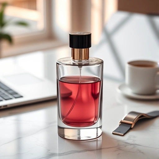 A modern, elegant perfume bottle on a sleek marble surface, surrounded by subtle hints of a busy woman's lifestyle: a slim laptop, a minimalist watch, and a single coffee cup, all softly blurred in the background. Warm natural light from a nearby window casts gentle highlights. The atmosphere is calm, sophisticated, and time-efficient — reflecting luxury for the on-the-go woman. No text, no logos, no people.