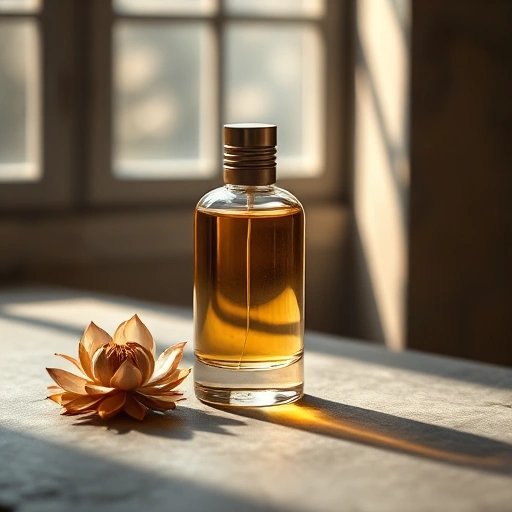 A minimalist, elegant perfume bottle made of clear glass with a soft golden liquid inside, placed on a smooth stone surface in a quiet, meditative setting — soft natural light filtering through a window, subtle shadows, a single dried lotus flower beside it, no text, no labels, no branding, serene and contemplative atmosphere, muted earth tones with hints of amber and ivory