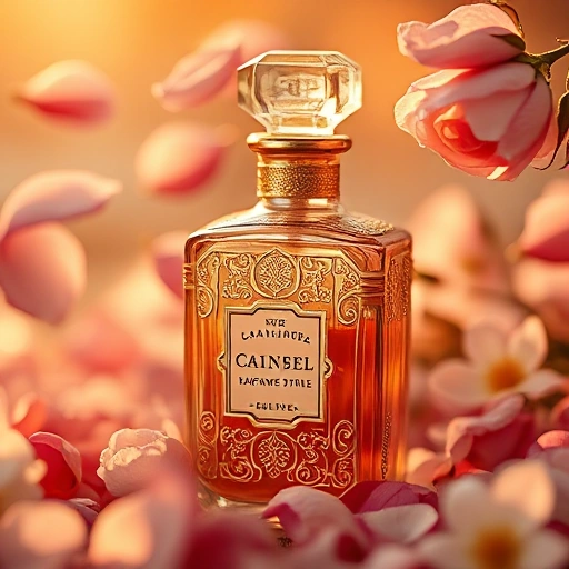 A vintage perfume bottle with intricate gold detailing, surrounded by floating rose petals and jasmine blossoms in soft golden hour light, elegant and luxurious composition, shallow depth of field, high detail, no text or labels