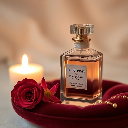 An elegant perfume bottle with a delicate floral scent, placed on a velvet cushion beside a single rose and soft candlelight, evoking romance and celebration for a special occasion like an anniversary or first date