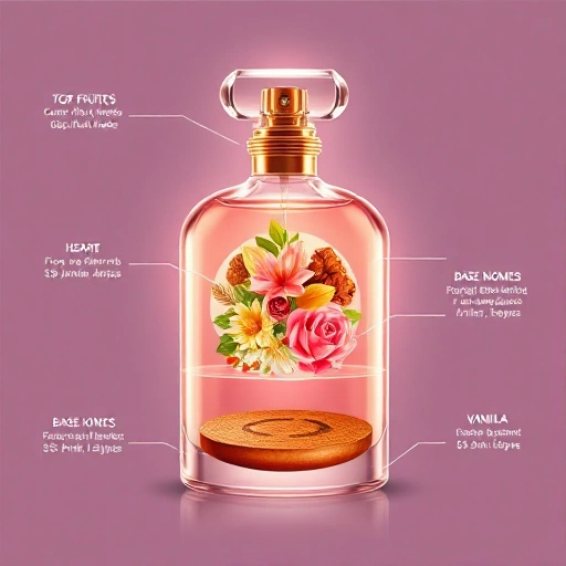 A detailed illustration of the main components of a perfume composition: top notes (citrus fruits, herbs), heart notes (floral elements like rose and jasmine, spices), and base notes (woody scents like sandalwood, amber, vanilla), arranged in layered concentric circles or a pyramid structure, with soft glowing effects and elegant transparent layers to represent volatility and evaporation rates, all in a refined, minimalist luxury aesthetic