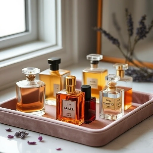 A neatly arranged vanity with several perfume bottles in elegant glass containers, some with atomizers, placed on a soft velvet tray, surrounded by subtle hints of floral elements like dried lavender or rose petals, soft natural lighting from a nearby window, minimalist and clean aesthetic, focus on proper storage conditions — cool, dark, and dry environment