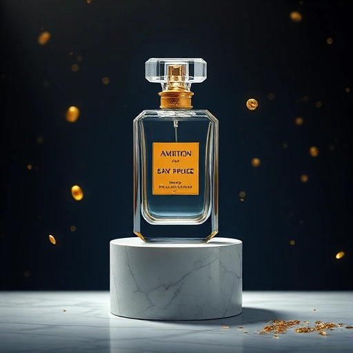 A luxurious perfume bottle made of clear crystal with gold accents, placed on a marble pedestal under soft spotlighting, surrounded by floating golden particles and a subtle gradient of deep blue to black background evoking ambition and success, elegant and aspirational atmosphere, high detail, photorealistic