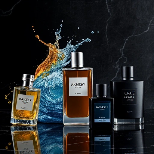 A sophisticated collage of men's fragrances: a sporty citrus bottle with dynamic splashes, a fresh aquatic scent with ocean wave motifs, a warm spicy oriental with amber and wood textures, and an elegant evening fragrance with deep violet and leather accents, all arranged on a dark marble surface with soft studio lighting, minimalist and luxurious aesthetic