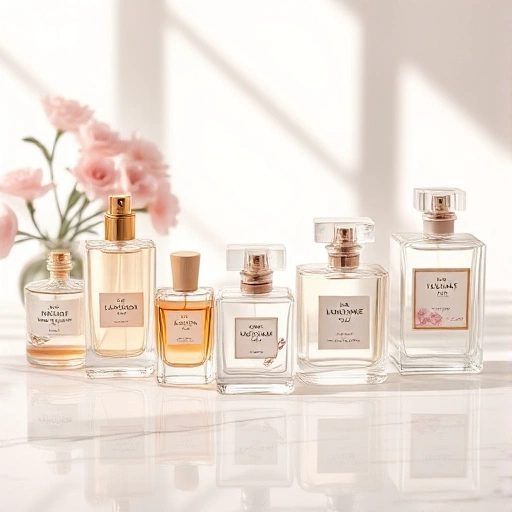 An elegant arrangement of women's perfume bottles on a marble surface, soft natural lighting, glass flacons with delicate designs, floral motifs, pastel color palette, luxurious and sophisticated atmosphere