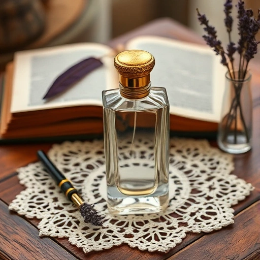 An elegant perfume bottle made of clear glass with a gold cap, placed on a vintage wooden table with a lace doily, surrounded by classic elements such as an open antique book, a quill pen, and a small vase with dried lavender, soft warm lighting, traditional European aesthetic, high detail, smallHQ