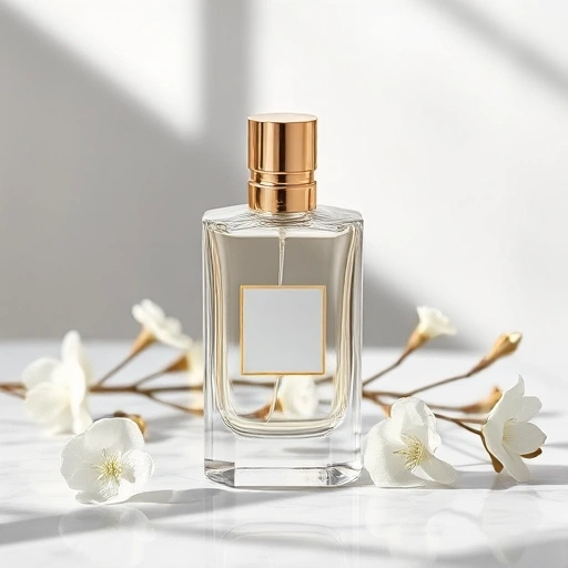 An elegant perfume bottle made of clear glass with a golden cap, placed on a marble surface with soft natural lighting, surrounded by delicate white flowers and a faint mist of fragrance in the air, luxurious and minimalist composition