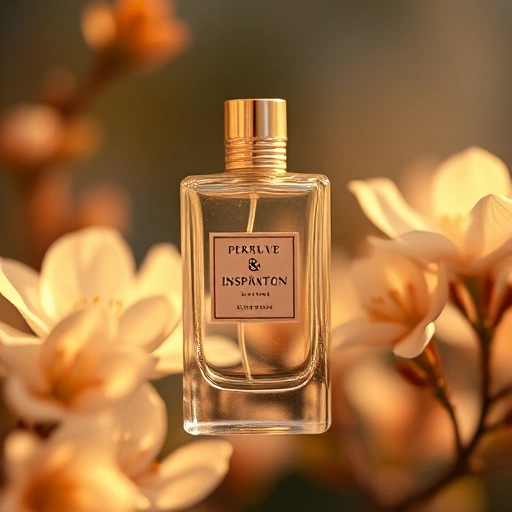 An elegant perfume bottle with a delicate floral design, floating in soft golden light, surrounded by blooming jasmine and citrus blossoms, evoking inspiration and serenity, minimalist luxury aesthetic, shallow depth of field, ethereal atmosphere