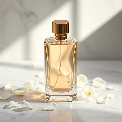 A modern, elegant perfume bottle with a sleek glass design, golden cap, and soft glowing light reflecting on a marble surface, surrounded by delicate floating petals of white jasmine and bergamot blossoms, minimalist luxury aesthetic, soft natural lighting, high detail, no text or labels visible