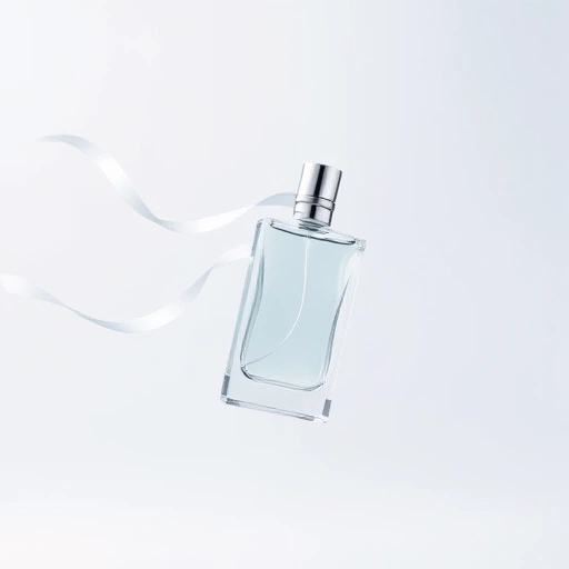 A minimalist, elegant perfume bottle made of clear glass with a silver cap, floating in mid-air against a soft gradient background of light blue and white, surrounded by faint wisps of wind-like translucent ribbons suggesting freedom and movement, no text, no labels, no logos, no people, no objects other than the bottle and abstract air elements