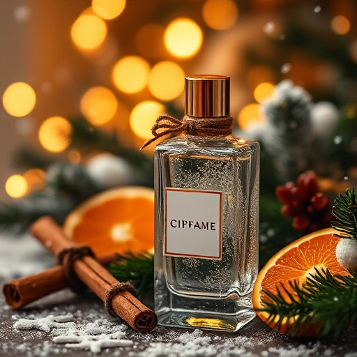 A cozy winter scene featuring a glass perfume bottle with frosted design, surrounded by pine branches, cinnamon sticks, orange slices, and soft snowflakes falling in the background, warm golden lighting, shallow depth of field, elegant and serene atmosphere