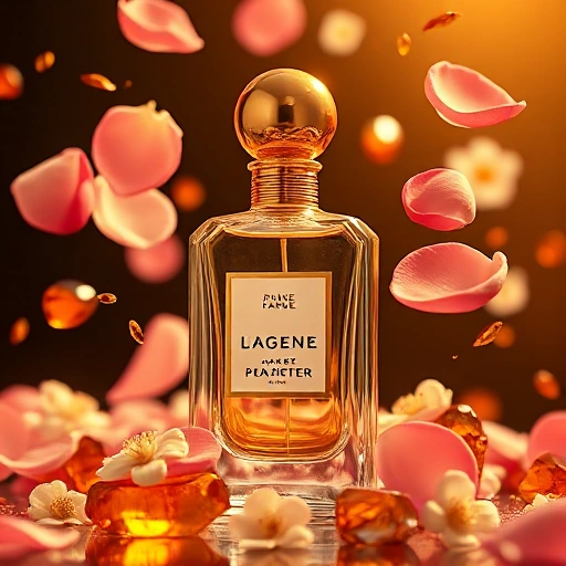 A luxurious perfume bottle with golden cap, surrounded by floating rose petals, jasmine flowers, and amber crystals in soft golden light, evoking timeless elegance and sophistication