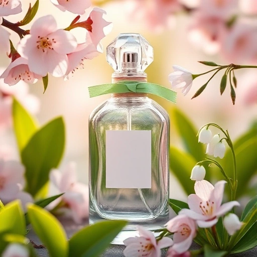 A delicate spring-themed perfume bottle made of clear glass with soft pastel pink and light green accents, surrounded by blooming cherry blossoms, fresh green leaves, and dewy wildflowers like violets and lily of the valley, soft morning light filtering through, evoking a fresh, uplifting spring mood