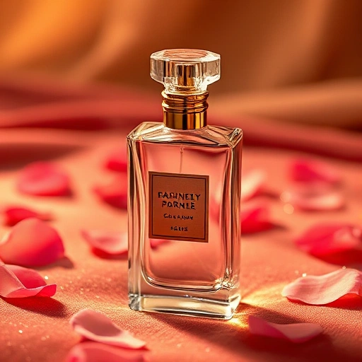 An elegant perfume bottle made of clear glass with a golden cap, placed on a soft velvet surface in warm ambient lighting, surrounded by delicate rose petals and subtle sparkles, conveying luxury and appreciation of beauty