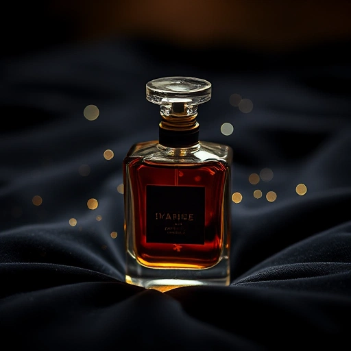 A sophisticated perfume bottle with subtle glowing particles around it, suggesting an invisible allure, placed on a dark velvet surface with soft ambient lighting, evoking mystery and attraction without showing any text, symbols, or human figures