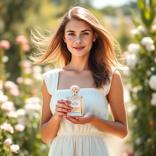 A young woman in her early twenties, standing in a sunlit garden with blooming flowers, wearing a light summer dress, holding a delicate glass perfume bottle with a floral cap, soft natural lighting, gentle breeze moving her hair, elegant and fresh atmosphere, no text or logos visible
