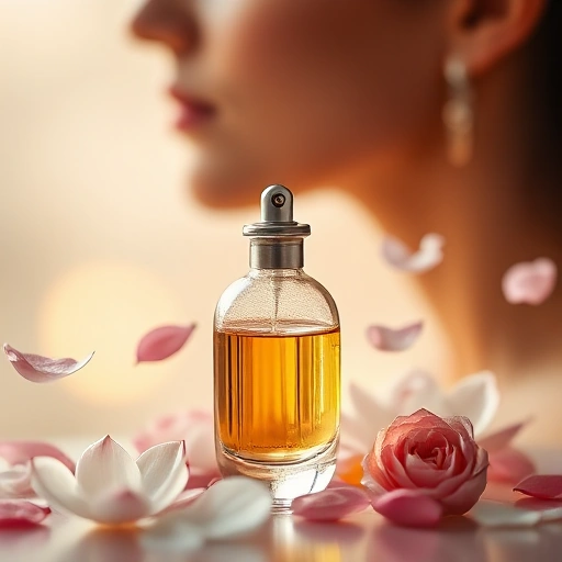 A serene, elegant composition representing perfume for soul and body: a delicate glass perfume bottle with soft golden liquid, surrounded by floating translucent petals of jasmine and rose, gentle wisps of aromatic vapor forming subtle heart and lotus shapes in the air, warm ambient lighting with soft bokeh, natural skin tones of a blurred female silhouette in the background suggesting harmony between inner and outer beauty, no text, no logos, no words, no digits