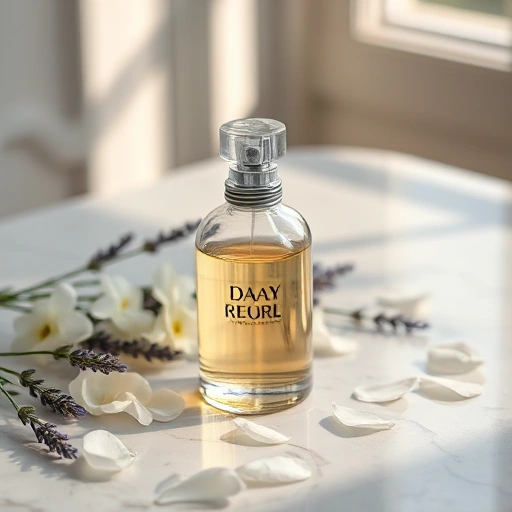 A serene, elegant composition featuring a delicate glass perfume bottle with soft golden liquid inside, surrounded by floating petals of white jasmine and lavender, resting on a smooth marble surface with subtle natural light filtering through a nearby window, evoking tranquility and sensory harmony for body and soul