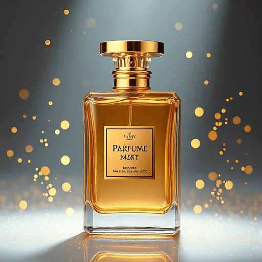 A luxurious perfume bottle with golden accents, surrounded by sparkling particles and soft spotlight, elegant and eye-catching, high detail, luxurious atmosphere, no text or labels