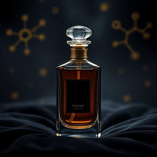 A sophisticated perfume bottle with a subtle glowing aura, placed on a dark velvet surface, surrounded by faint molecular structures and abstract pheromone symbols in soft gold and silver, evoking mystery and science, no text or labels visible
