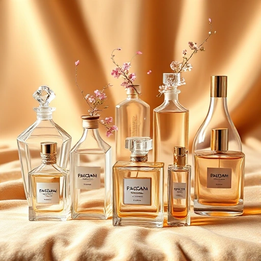 An elegant collage of women's perfume bottles spanning from classic to modern designs, arranged on a soft velvet surface with subtle golden lighting, featuring vintage crystal flacons with intricate stoppers alongside sleek contemporary minimalist bottles, delicate floral motifs and abstract scent trails in the air, no text or labels visible