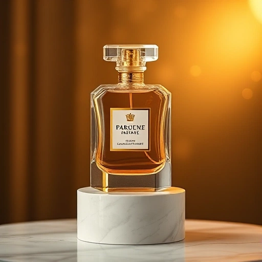 A luxurious perfume bottle made of clear glass with golden accents, placed on a marble pedestal, surrounded by soft golden light and subtle sparkles, evoking elegance and aspiration, no text or labels visible