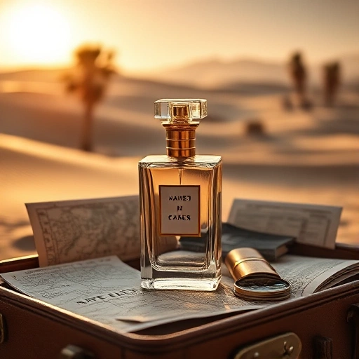 A luxurious perfume bottle made of crystal glass with golden accents, placed on a vintage leather suitcase open to reveal maps, compasses, and travel journals, surrounded by soft golden hour light filtering through a desert oasis with distant dunes and palm trees, evoking the spirit of adventure and wanderlust, ultra-detailed, cinematic lighting, smallHQ style