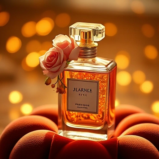 An elegant perfume bottle with a delicate floral arrangement of roses, jasmine, and orange blossoms, resting on a velvet cushion in soft golden light, surrounded by faint glowing particles suggesting luxury and occasion, no text or labels visible
