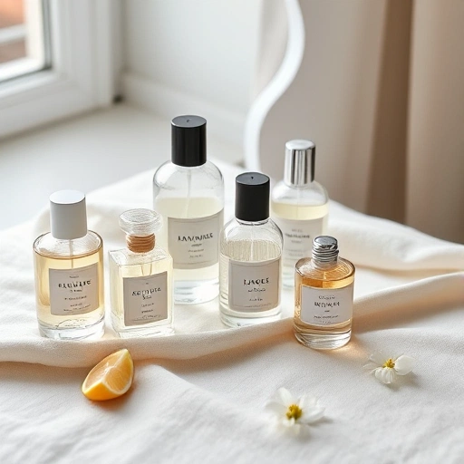 A collection of elegant, everyday perfume bottles arranged on a soft linen surface, with subtle natural light from a nearby window, minimalist design, neutral tones, and delicate floral or citrus notes implied through visual elements like single blossoms or citrus slices nearby, no text or labels visible