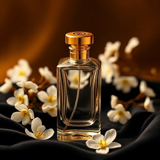 A luxurious perfume bottle made of clear glass with a golden cap, placed on a velvet black surface, surrounded by delicate white jasmine flowers and soft golden light, evoking elegance and high quality
