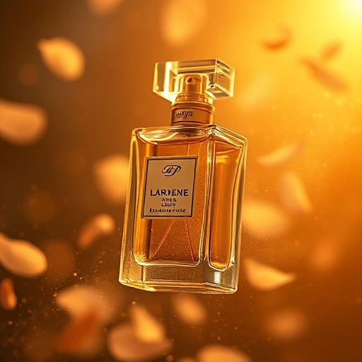 A luxurious perfume bottle made of crystal glass with golden accents, floating in mid-air surrounded by swirling golden dust and delicate floral petals (jasmine, rose, and bergamot) in soft focus, warm ambient lighting, elegant and serene atmosphere, high detail, cinematic composition
