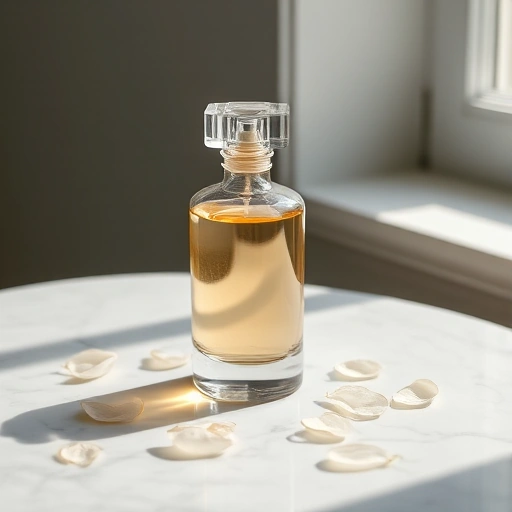 A minimalist, elegant perfume bottle made of clear glass with a soft golden liquid inside, placed on a smooth white marble surface, surrounded by delicate floating petals of white jasmine and sandalwood, soft natural daylight from a nearby window casting gentle shadows, serene and introspective atmosphere, no text, no labels, no branding, no people, no clutter